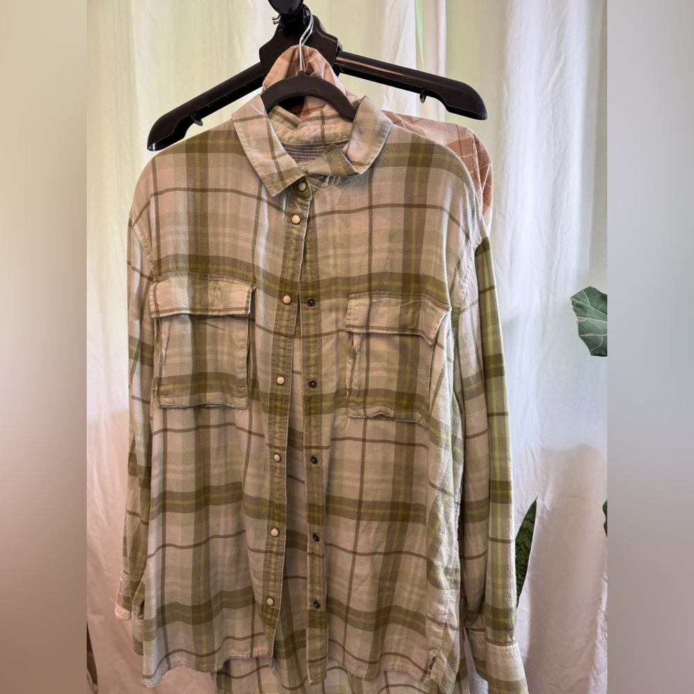 THREE American Eagle Outfitters Green, Blue and Tan Plaid Snap-Front Shirt